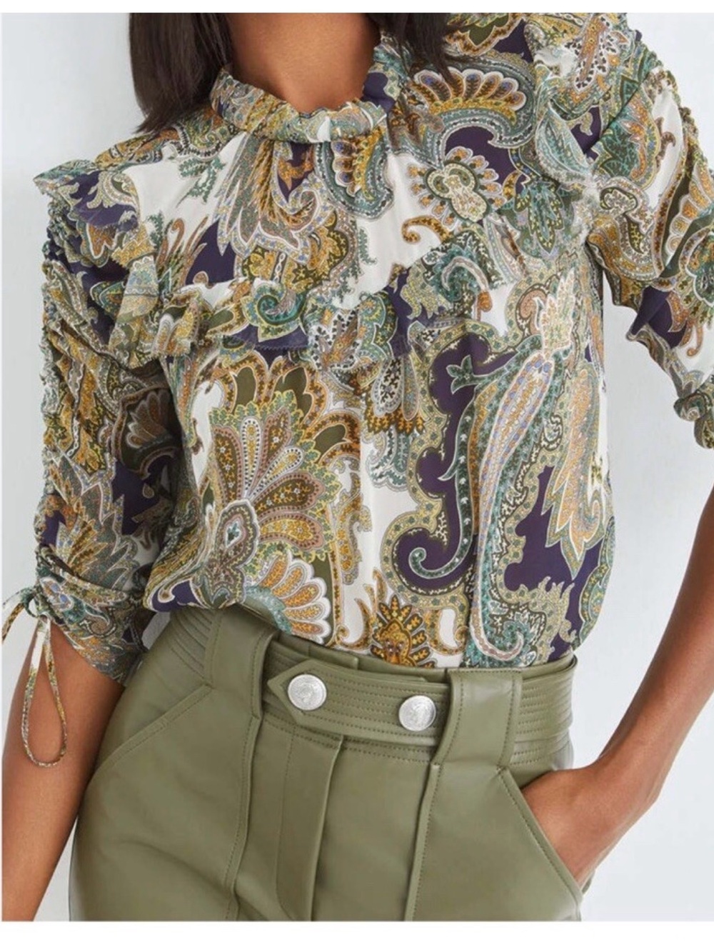 Veronica Beard Paisley Ruffled Mock Neck Blouse in White, Olive & Navy